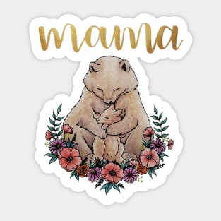 Watercolor Mothers Day Mama Bear with Cub and Flowers Sticker